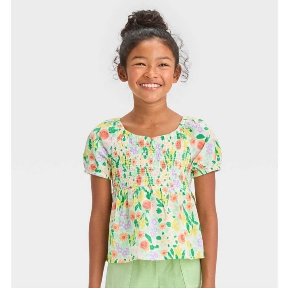 Cat & Jack Girls Floral Smocked Peplum Top Puff Sleeve Cotton Size 6/7